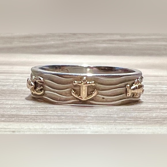 Handmade Sterling Silver & 14K Gold Nautical Anchor & Lobster Band Ring, Size 7 - Picture 3 of 9